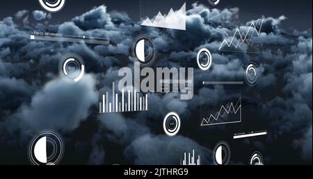 Image of charts and data processing over grey cloudy sky Stock Photo