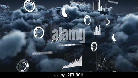 Image of charts and data processing over grey cloudy sky Stock Photo