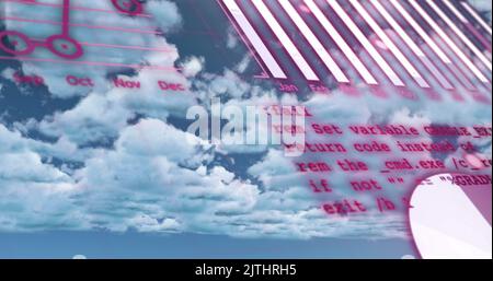 Image of red charts and data processing over cloudy blue sky Stock Photo