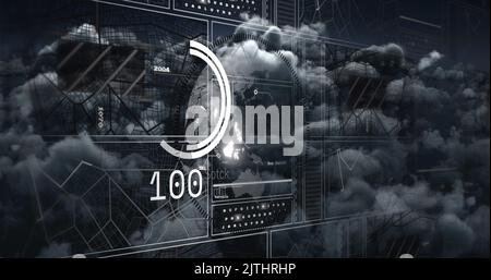 Image of globe with charts and data processing over dark cloudy sky Stock Photo
