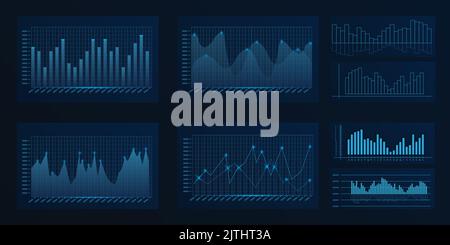 Modern charts template in wireframe low poly style. Futuristic infographics set for finance analysis. Statistic graphic elements with lines and lights Stock Vector