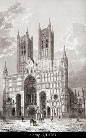 Lincoln Cathedral, Lincoln Minster, aka Cathedral Church of the Blessed Virgin Mary of Lincoln and St Mary's Cathedral,  Lincoln, England, seen here in the 19th century.  Built in the Early Gothic style, construction started in 1072 and continued in several phases throughout the High Middle Ages until 1311.  From Les Plus Belles Eglises du Monde, published 1861. Stock Photo