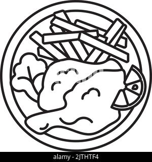 Wiener Schnitzel and french fries on a plate vector line icon, top view Stock Vector