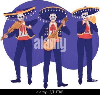 Day of dead musicians 2D vector isolated illustration Stock Vector