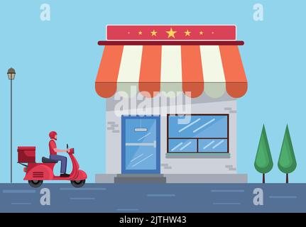A store with a man delivering a parcel in a scooter in front Stock Vector