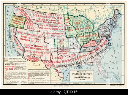 Map showing the legal status of Slavery and the Slave Trade in the United States of America, 1775-1865, illustration by Longmans, Green, and Co., 1893-1894 Stock Photo