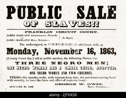 Advertisement for the public sale of slaves, Kentucky, USA, 1863 Stock Photo