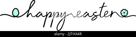 Happy Easter. Black Hand writing calligraphic lettering on a white background. Easter Greetings with flower and egg as vector Ornament. Stock Vector