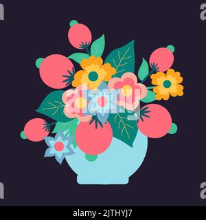 Bright spring bouquet of flowers in a vase. Template for a greeting card. Stock Vector