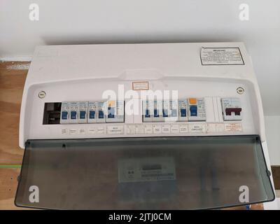 Domestic consumer unit (fuse box) in a house installed around 2010 Stock Photo