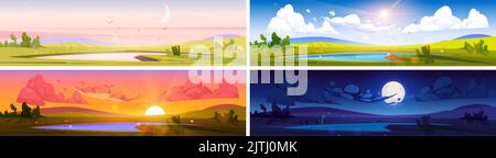 Cartoon nature landscape day time set. Pond at green field with bushes at early morning, evening sunset and night with moon. Scenery background with lake, natural scenes, Vector illustration, set Stock Vector