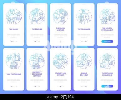 Protecting student mental health blue gradient onboarding mobile app screen set Stock Vector