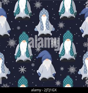 Christmas seamless pattern with Scandinavian gnomes and snowflakes. It is well suited for wrapping paper, textiles. Vector Stock Vector