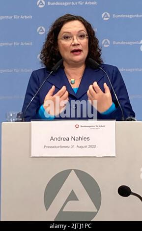 Nuremberg, Germany. 31st Aug, 2022. The chairwoman of the Federal Employment Agency, Andrea Nahles, announces the number of unemployed in August. The number of unemployed in Germany rose by 77,000 to 2.547 million in August compared to the previous month. Nahles, former SPD party leader, had taken up her new position in Nuremberg at the beginning of August and presented the statistics of the Federal Agency for the first time. Credit: Michael Donhauser/dpa/Alamy Live News Stock Photo