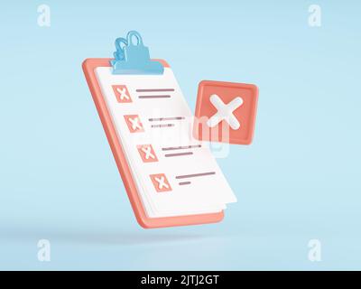 Denied checklist, clipboard with paper notes with cross marks in list isolated on background. Icon of wrong office document, rejected report, incorrect test, 3d render illustration Stock Photo