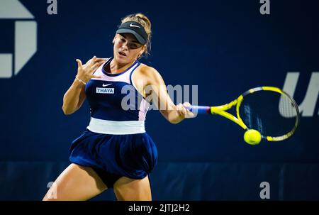 Czech tennis player Sara Bejlek in action during the third round of the ...