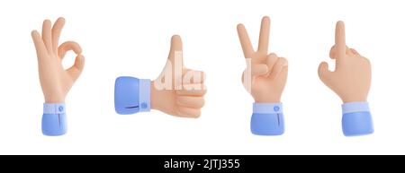 3D render set of hand sign icons isolated on white background. Illustration of human fingers showing ok, thumb-up, victory and pointing gestures. Collection of ui design elements for business Stock Photo