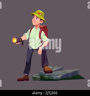 Traveler man with flashlight and backpack stand on rock illuminate road, looking for right way or explore new place. Isolated tourist game character hiking travel adventure Cartoon vector illustration Stock Vector