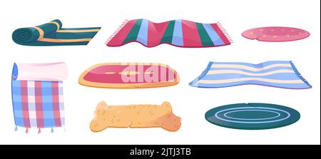 Colorful carpets, blankets and rugs set isolated on white background. Cartoon illustration of striped, checkered floor covering of different size and shape. Home interior accessories. Vector design Stock Vector