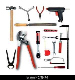 Topview of Different Work Tools on White Background- Stock Photo Stock Photo