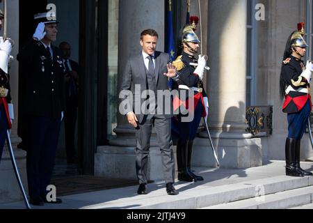 Paris, France, August 31, 2022. French President Emmanuel Macron after a bilateral meeting at the Elysee Palace in Paris, on August 31, 2022. Photo by Raphael Lafargue/ABACAPRESS.COM Stock Photo