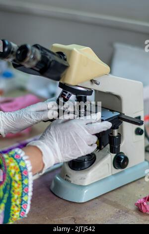 Microscope in Pathological Lab and tubes with blood sample Stock Photo