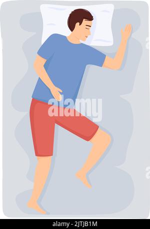 Man sleeps. Man in pajamas sleeping on bed. Top view. Vector illustration Stock Vector