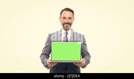 webinar pc advertisement. businessman presenting product. presentation on computer. Stock Photo