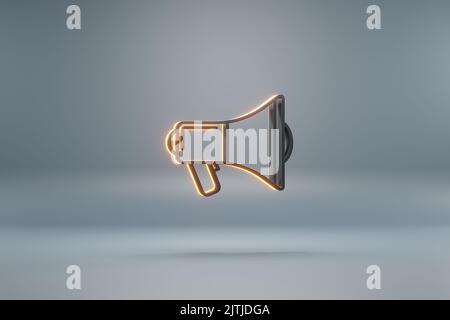 Beautiful black Shout Megaphone with yellow light  symbol icons on a blue  background. 3d rendering illustration. Background pattern for design. Stock Photo