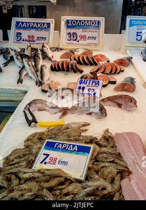 Fish Stall at Central Municipal Market, Athens, Attica, Greece Stock Photo