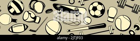 Sports equipment for athletes. Horizontal seamless pattern. Set of tools. Monochrome Illustration. Vector. Stock Vector