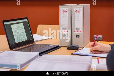 Student Writes His Homework at Home, Digital world Stock Photo