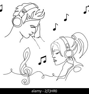 Young people listen to music in headphones. Vector pattern with musical notes, treble clef sign, young people. One continuous line art drawing Stock Vector