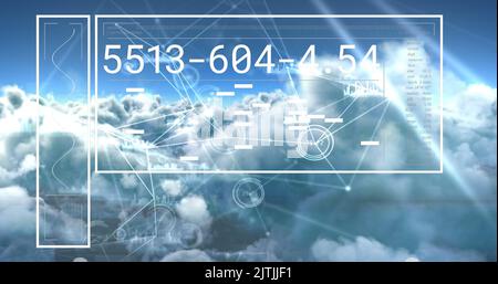 Image of digital data processing and networks over clouds Stock Photo