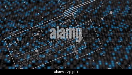 Image of data processing over moving columns on black background Stock Photo