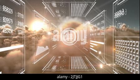 Image of digital data processing and networks over clouds Stock Photo