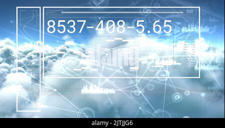 Image of digital data processing and networks over clouds Stock Photo