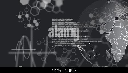 Image of globe with data processing over molecules on black background Stock Photo