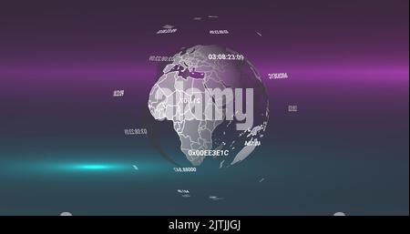 Image of globe with data processing over light trails on black background Stock Photo
