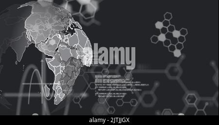 Image of globe with data processing over molecules on black background Stock Photo