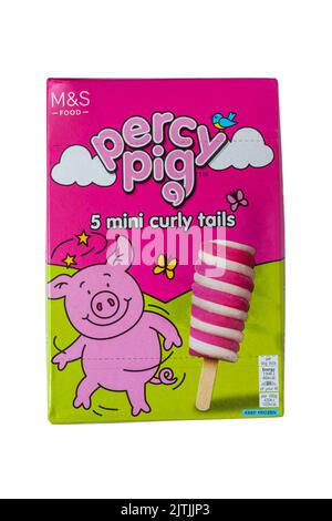 Box of Percy Pig 5 mini curly tails ice creams isolated on white background - Percy Pig flavoured ice cream with a strawberry fruit ice swirl Stock Photo