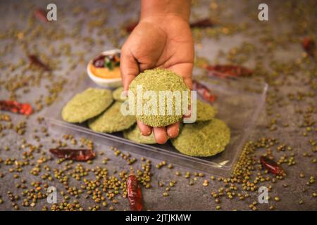 south Indian famous breakfast idlie served with chutneys Stock Photo