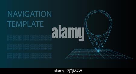 Navigation template with location sign vector illustration in wireframe low poly style with dots, lines and lights. Modern concept for GPS design. Stock Vector