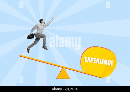 Creative 3d photo artwork graphics collage of confident man worker businessman hold briefcase fly use experience trampoline get better job Stock Photo