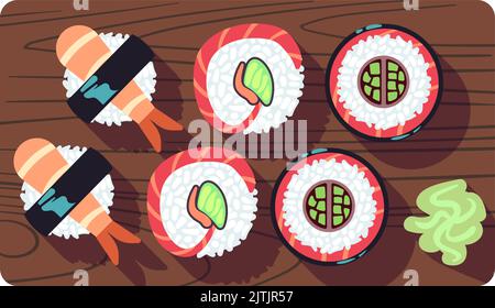 Sushi rolls on wooden platter. Japanese serving food Stock Vector