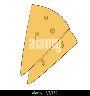 Perfect triangular sliced yellow hard cheese with holes. Simple linear flat icon, element for design, clipart, sticker. Illustration for cookbook, ico Stock Vector
