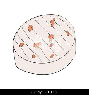 Delicious Italian or French soft cheese with mold, pepper and herbs. Round piece of cheese delicacy in the shape of a cake. The perfect snack for a wi Stock Vector