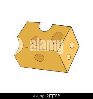 Rectangular cut piece of yellow hard cheese with large round holes. Appetizing beautiful royal cheeses. Simple linear food icon in color. for sticker, clipart, shop windows, label, brochure, website. Stock Vector