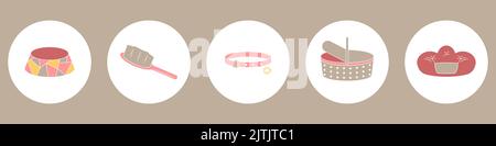 Cat stuff collection, cat bed, cat food isolated on white background. Style flat vector icons for pet shop, vet clinic, pet pharmacy. Round little icons for social networks, sites about cats and dogs. Stock Vector
