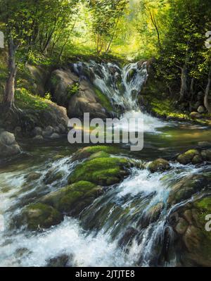 Original  oil painting of beautifl spring landscape, forest  and river waterfalls  on canvas.Modern Impressionism, modernism,marinism Stock Photo